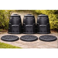 3 Pack 220L Black Recycled Plastic Garden Composter Bins – Front Hatch & Windproof Lid Polypropylene Straights Manufacturing
