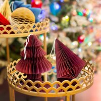 Deep Red Tree & Diamond Paper Honeycomb Hanging Decorations 110gsm Recycled Paper, Magnet, Cotton String Sass & Belle