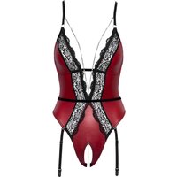 Body ouvert mit Strapsen, edler roter Mattlook mit schwarzer Spitze 85D Cup