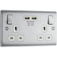 Nexus Metal Brushed Steel Double Switched 13A Power Socket With Usb Charging - 2X Usb Sockets (3.1A) NBS22U3W-01