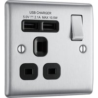 Nexus Metal Brushed Steel Single Switched 13A Power Socket With Usb Charging - 2X Usb Sockets (2.1A) NBS21U2B-01