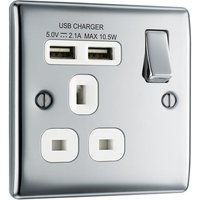 Nexus Metal Polished Chrome Single Switched 13A Power Socket With Usb Charging - 2X Usb Sockets (2.1A) NPC21U2W-01