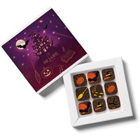 Halloween box, 9 chocolates. High-end gourmet chocolates presented in an elegant ballotin.