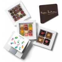 Happy Birthday Chocolates Box 44 pieces 16 filled chocolates + 16 solid chocolates + 12 French mini-macarons + 1 "Happy Birthday!" Chocolate Card