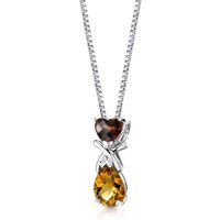 Heart Shaped Garnet and Citrine Pendant Necklace in Sterling Silver