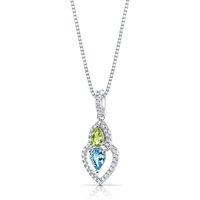 Swiss Blue Topaz, Peridot and CZ Divine Duo Pendant Necklace in Sterling Silver