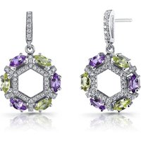 Amethyst, Peridot and CZ Vitality Hexagon Drop Earrings in Sterling Silver
