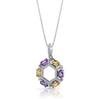 Amethyst, Citrine and CZ Vitality Hexagon Pendant Necklace in Sterling Silver