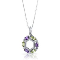 Amethyst, Peridot and CZ Vitality Hexagon Pendant Necklace in Sterling Silver