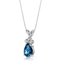 London Blue Topaz and Diamond Embellished Modest Pendant Necklace in 9ct White Gold