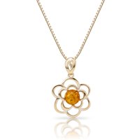 Baltic Amber Glow Flower Pendant Necklace in 9ct Gold