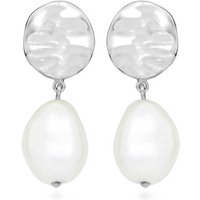 Pearl Hammered Stud Drop Earrings in Sterling Silver