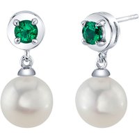 Emerald and Pearl Sea Breeze Stud Drop Earrings in Sterling Silver