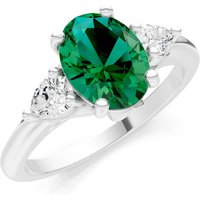 Emerald and Diamond Trellis Three Stone Oval and Pear Ring in 18ct White Gold