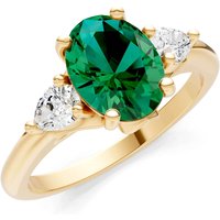 Emerald and Diamond Trellis Three Stone Oval and Pear Ring in 18ct Gold