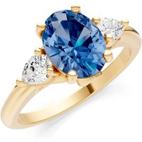 London Blue Topaz and Diamond Trellis Three Stone Oval and Pear Ring in 18ct Gold