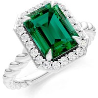 Emerald and Diamond Twisted Vine Solitaire Halo Ring in 9ct White Gold