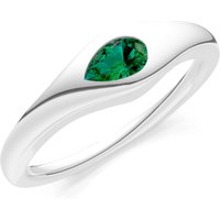 Emerald Flush Set Pear Gemstone Mini Signet Ring in 9ct White Gold