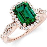 Emerald and Diamond Twisted Vine Solitaire Halo with Accent Ring in 9ct Rose Gold