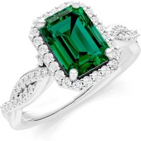 Emerald and Diamond Twisted Vine Solitaire Halo with Accent Ring in 9ct White Gold