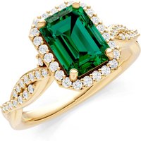 Emerald and Diamond Twisted Vine Solitaire Halo with Accent Ring in 9ct Gold