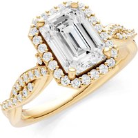 Moissanite and Diamond Twisted Vine Solitaire Halo with Accent Ring in 18ct Gold