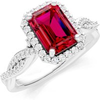 Ruby and Diamond Twisted Vine Solitaire Halo with Accent Ring in 18ct White Gold