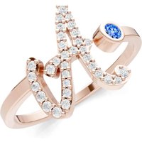 Letter A Swiss Blue Topaz and Diamond Initial Letter Birthstone Open Ring in 9ct Rose Gold