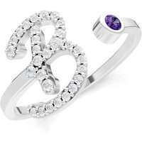 Letter B Amethyst and Diamond Initial Letter Birthstone Open Ring in 9ct White Gold