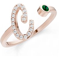 Letter C Emerald and Diamond Initial Letter Birthstone Open Ring in 9ct Rose Gold