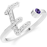 Letter E Amethyst and Diamond Initial Letter Birthstone Open Ring in 9ct White Gold