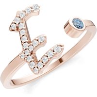 Letter E Aquamarine and Diamond Initial Letter Birthstone Open Ring in 9ct Rose Gold