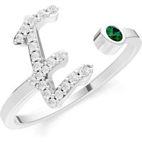 Letter E Emerald and Diamond Initial Letter Birthstone Open Ring in 9ct White Gold