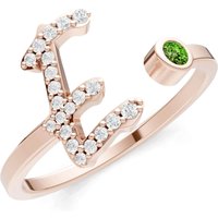 Letter E Peridot and Diamond Initial Letter Birthstone Open Ring in 9ct Rose Gold