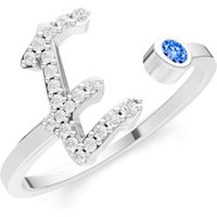 Letter E Swiss Blue Topaz and Diamond Initial Letter Birthstone Open Ring in 18ct White Gold
