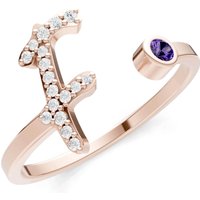Letter F Amethyst and Diamond Initial Letter Birthstone Open Ring in 9ct Rose Gold