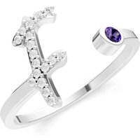 Letter F Amethyst and Diamond Initial Letter Birthstone Open Ring in 9ct White Gold