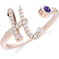 Letter H Amethyst and Diamond Initial Letter Birthstone Open Ring in 9ct Rose Gold