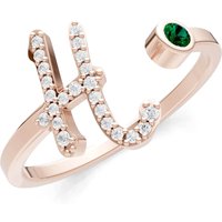 Letter H Emerald and Diamond Initial Letter Birthstone Open Ring in 9ct Rose Gold