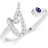 Letter I Amethyst and Diamond Initial Letter Birthstone Open Ring in 9ct White Gold