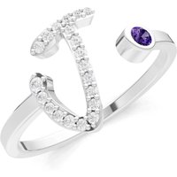 Letter J Amethyst and Diamond Initial Letter Birthstone Open Ring in 9ct White Gold