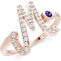 Letter M Amethyst and Diamond Initial Letter Birthstone Open Ring in 9ct Rose Gold