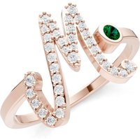 Letter M Emerald and Diamond Initial Letter Birthstone Open Ring in 9ct Rose Gold