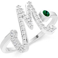 Letter M Emerald and Diamond Initial Letter Birthstone Open Ring in 9ct White Gold
