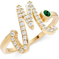 Letter M Emerald and Diamond Initial Letter Birthstone Open Ring in 18ct Gold