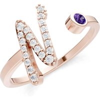 Letter N Amethyst and Diamond Initial Letter Birthstone Open Ring in 9ct Rose Gold