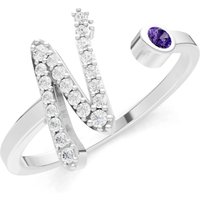Letter N Amethyst and Diamond Initial Letter Birthstone Open Ring in 9ct White Gold