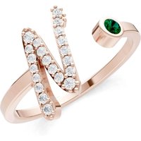 Letter N Emerald and Diamond Initial Letter Birthstone Open Ring in 9ct Rose Gold