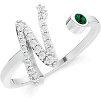 Letter N Emerald and Diamond Initial Letter Birthstone Open Ring in 18ct White Gold