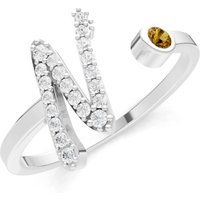 Letter N Citrine and Diamond Initial Letter Birthstone Open Ring in 9ct White Gold